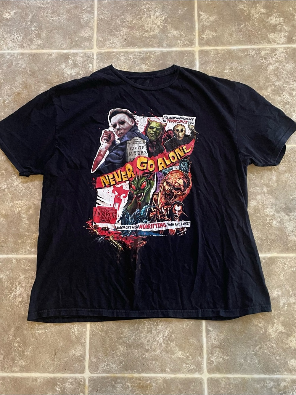 Never Go Alone Black Halloween Horror Nights Graphic Tee